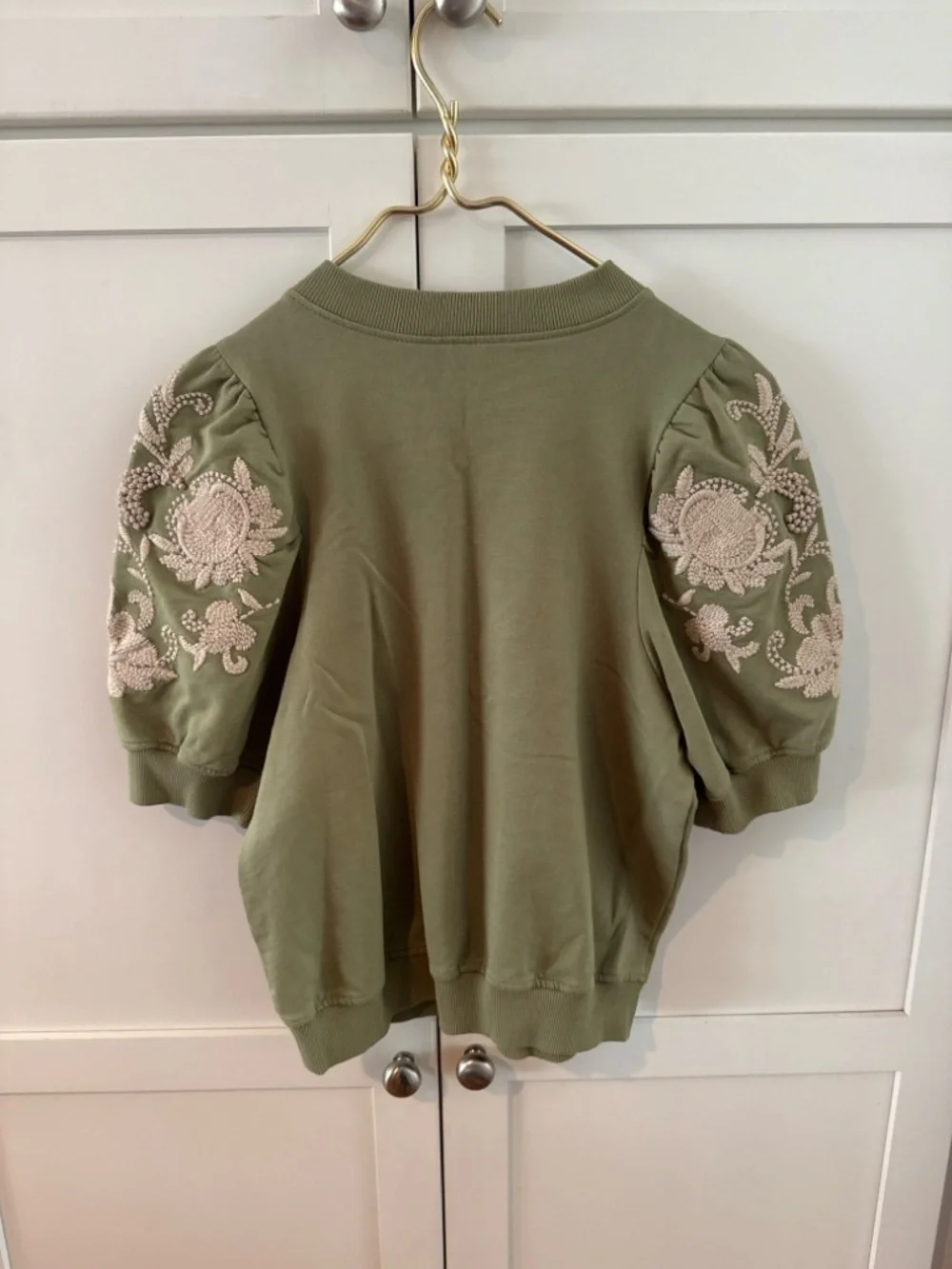 Anthropologie Olive Green Puff Sleeve Embroidered Sweatshirt